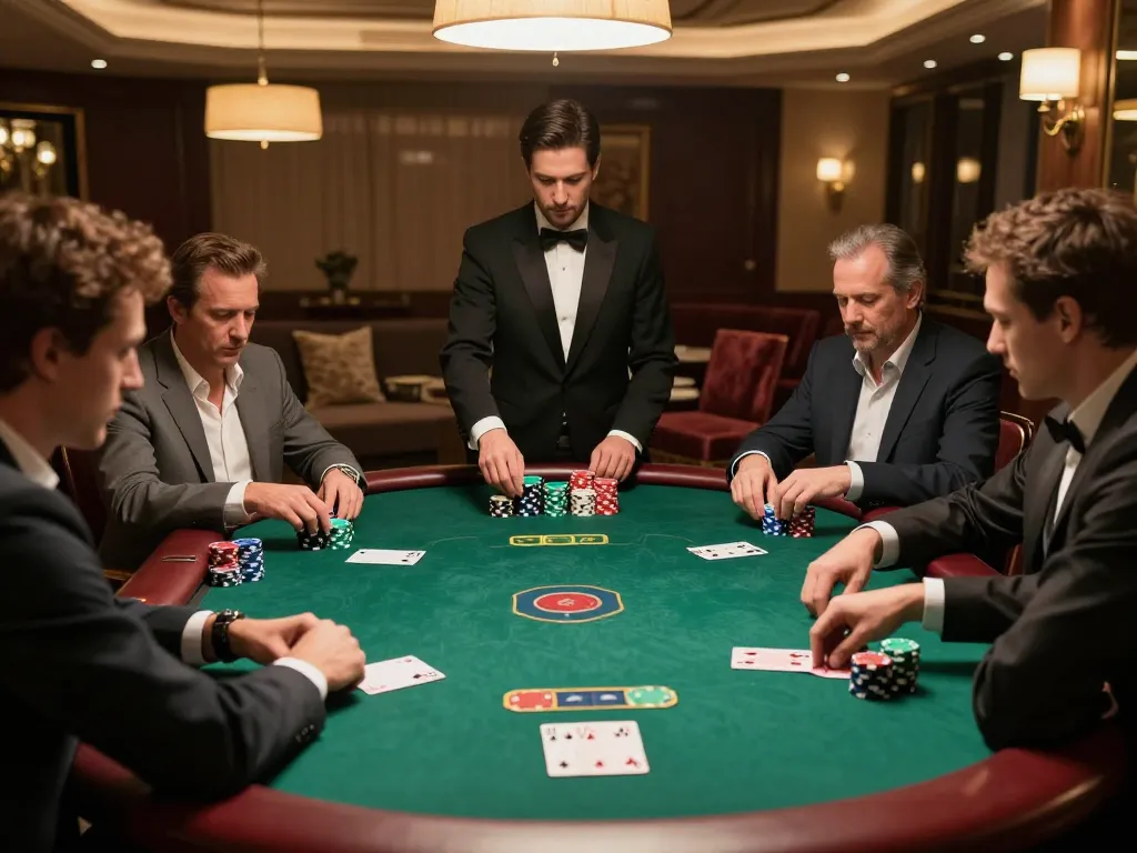 F8BET players engaged in an intense poker game at an upscale casino table, showcasing vibrant chips and attentive dealer.