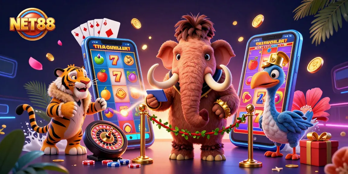 Engage with NET88 in a vibrant casino scene featuring a woolly mammoth bouncer and vibrant slot game elements.