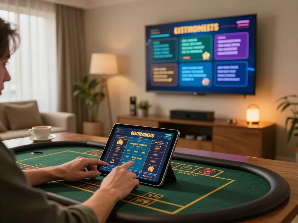 Engaging in online gambling strategy on a tablet, with aa88 insights for better odds.