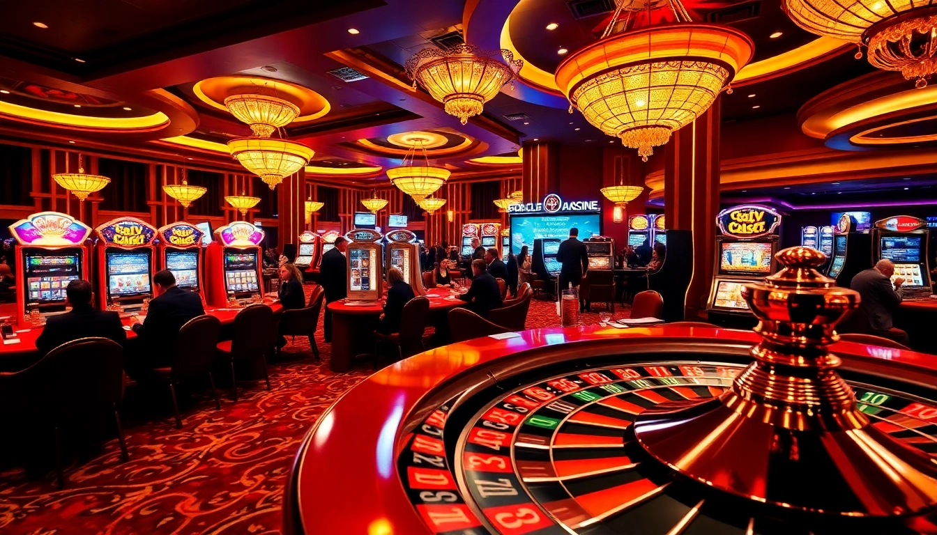 Players enjoying an exciting gambling experience at https://go99.institute/, with vibrant poker tables and slot machines.