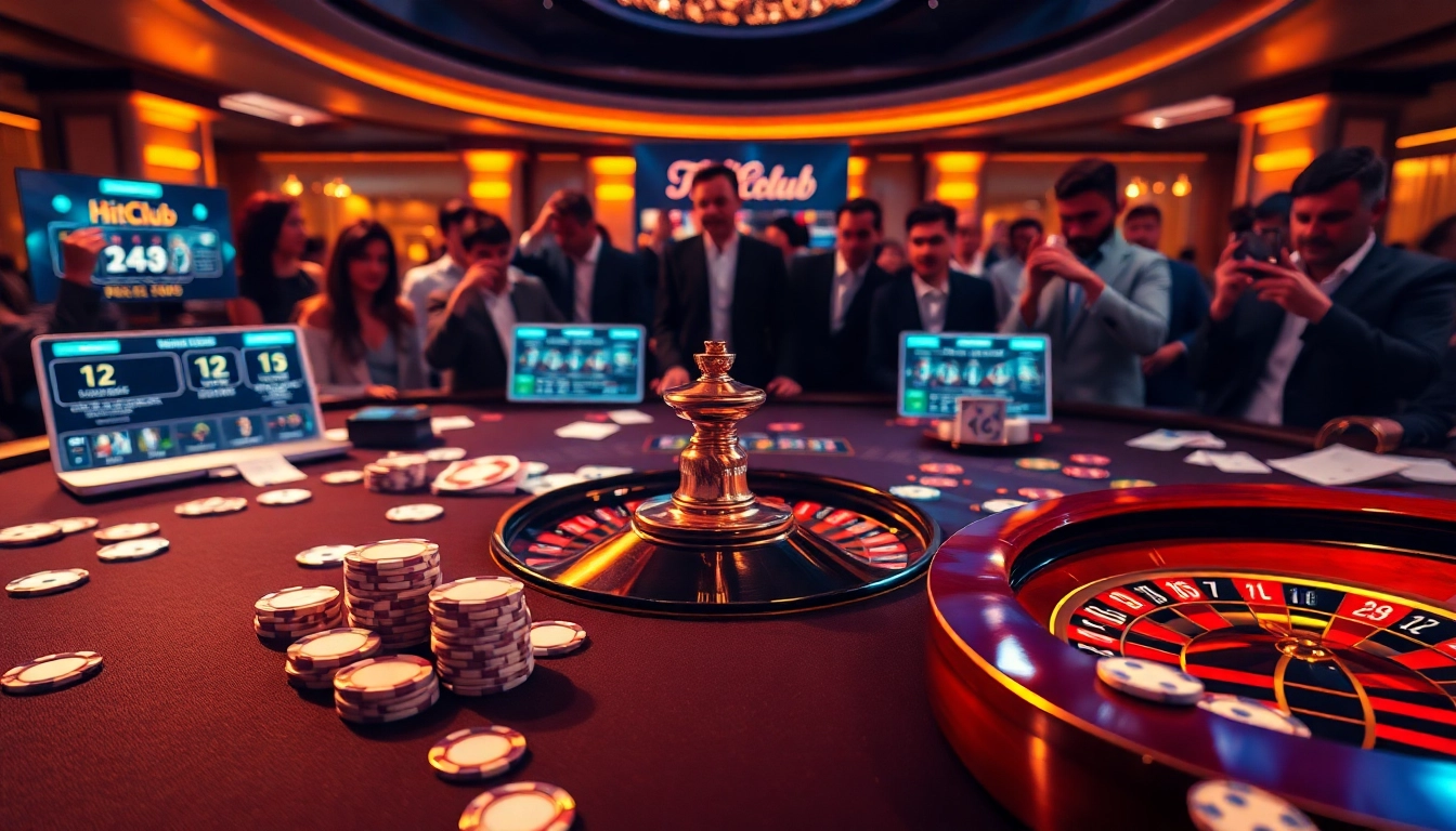 Exciting gambling scene showcasing the Link Hitclub with poker chips, roulette, and cards.