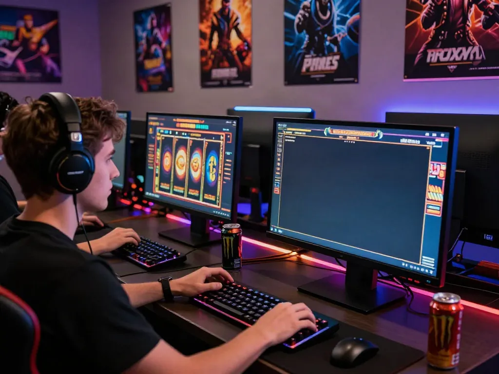 Gamer focused on akunjp online slot gaming experience in a dimly-lit room.