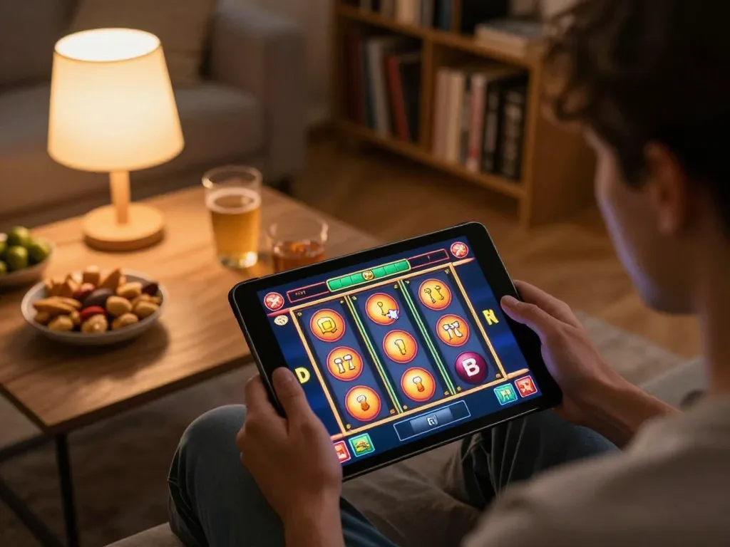 Engaging gameplay on Trang chủ 888NEW with vibrant slot reels displayed on tablet in cozy home setting