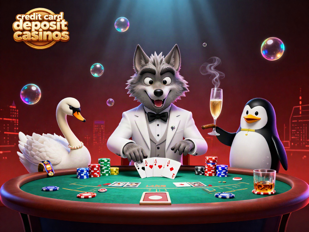 Experience the thrill of credit card deposit casinos with a lavish scene featuring a tuxedoed wolf, elegant swan dealer, and champagne-presenting penguin at a packed poker table.