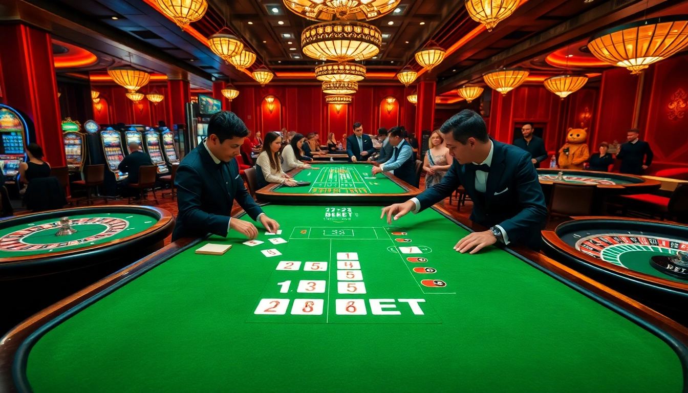 Players enjoying a thrilling game night at 12BET casino, surrounded by lights and excitement.