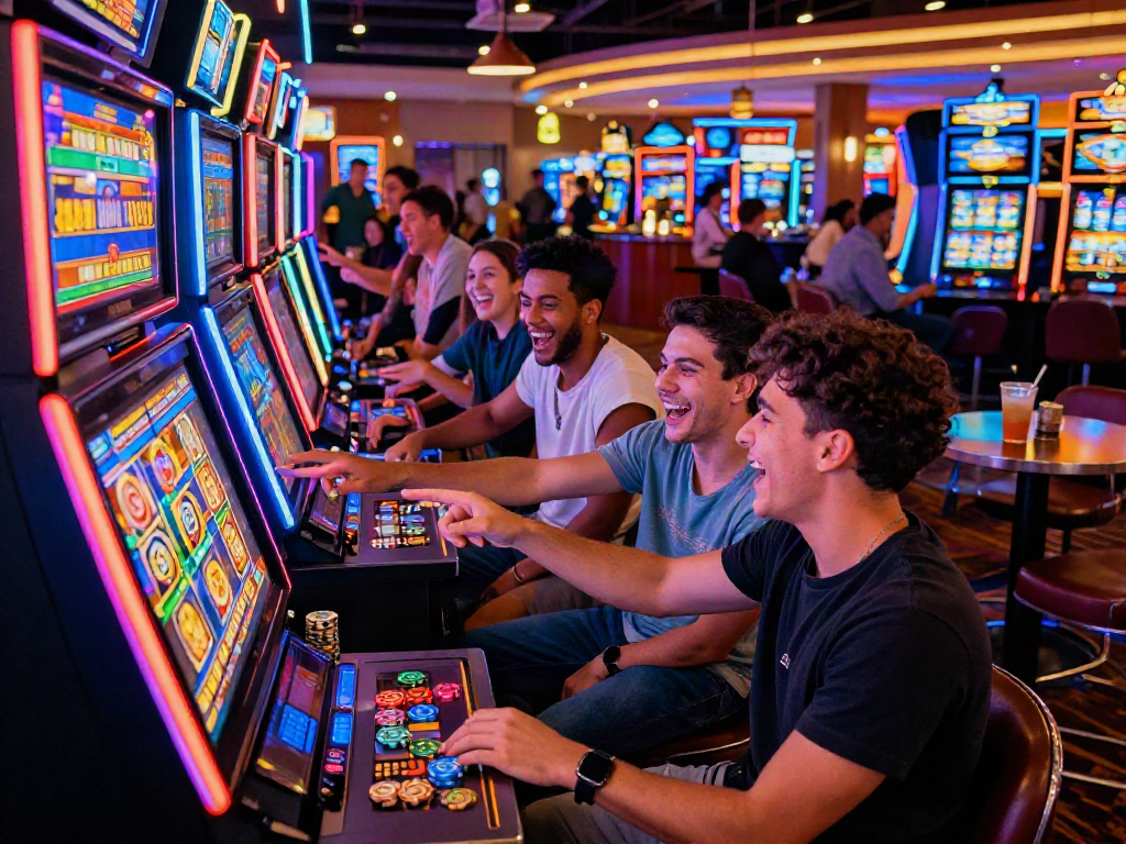 Friends gathered around vibrant slot machines in a lively casino atmosphere.