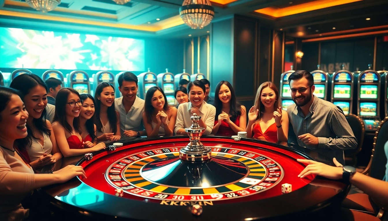 Gamblers celebrating a winning bet at the KKwin roulette table in a luxurious casino setting.