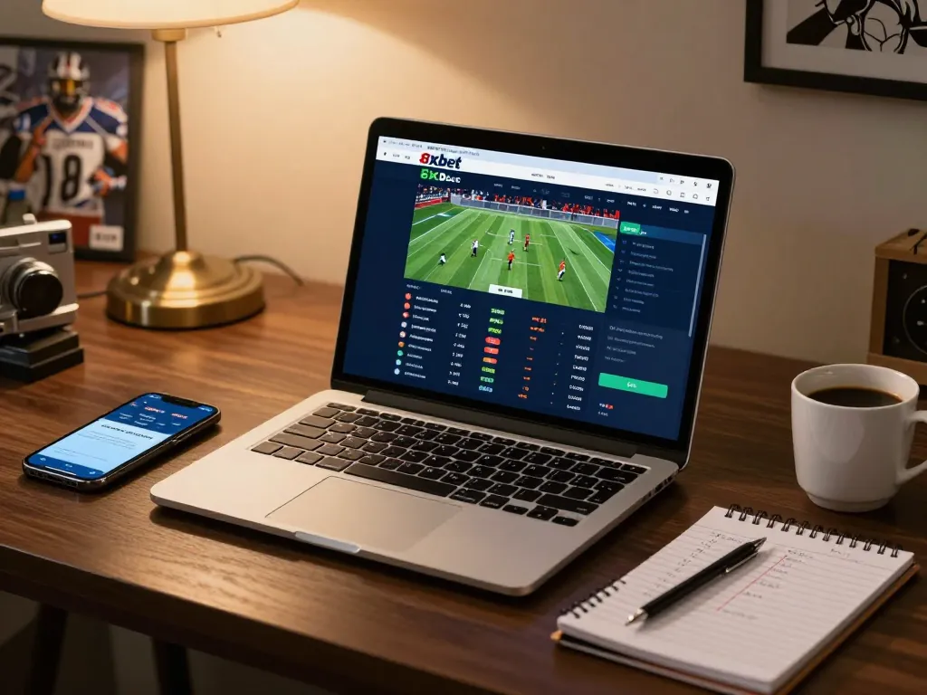Engaged bettor using nhà cái 8xbet's online platform to strategize sports bets, showcasing professional home gaming setup.