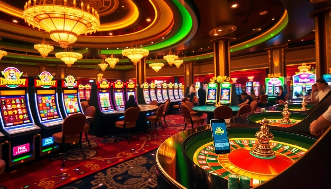 Guests engaged in immersive idnslot gaming at a luxurious casino filled with vibrant slot machines and tables.