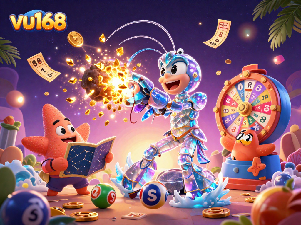 vu168 showcases a dynamic scene with a galactic samurai and starfish navigating the vibrant gambling universe.