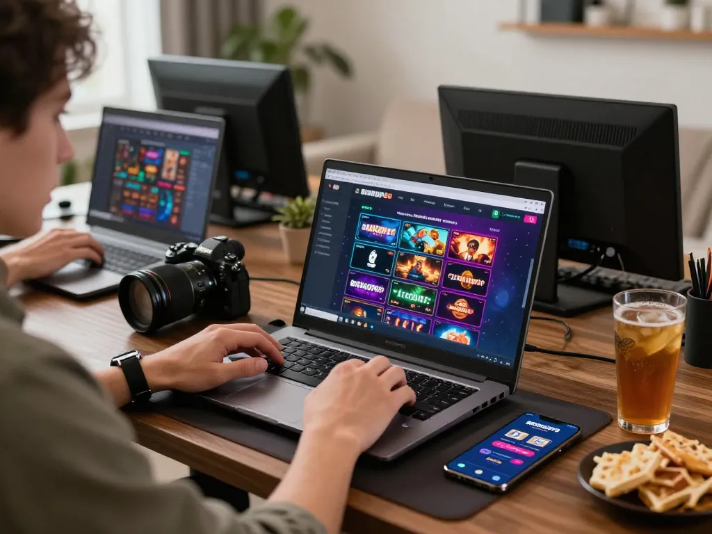 Pemain yang terlibat dengan platform BIOSKOP69 di laptop, menunjukkan permainan online yang berwarna-warni.