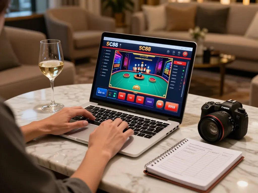 Player engaging with SC88 casino interface on a laptop in a luxurious lounge, emphasizing responsible gaming.