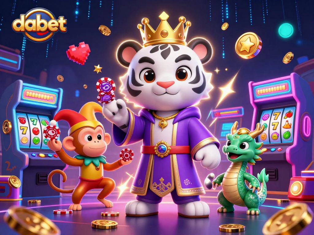 Juggle poker chips with dabet's enchanting casino scene featuring vibrant characters and classic gaming elements.