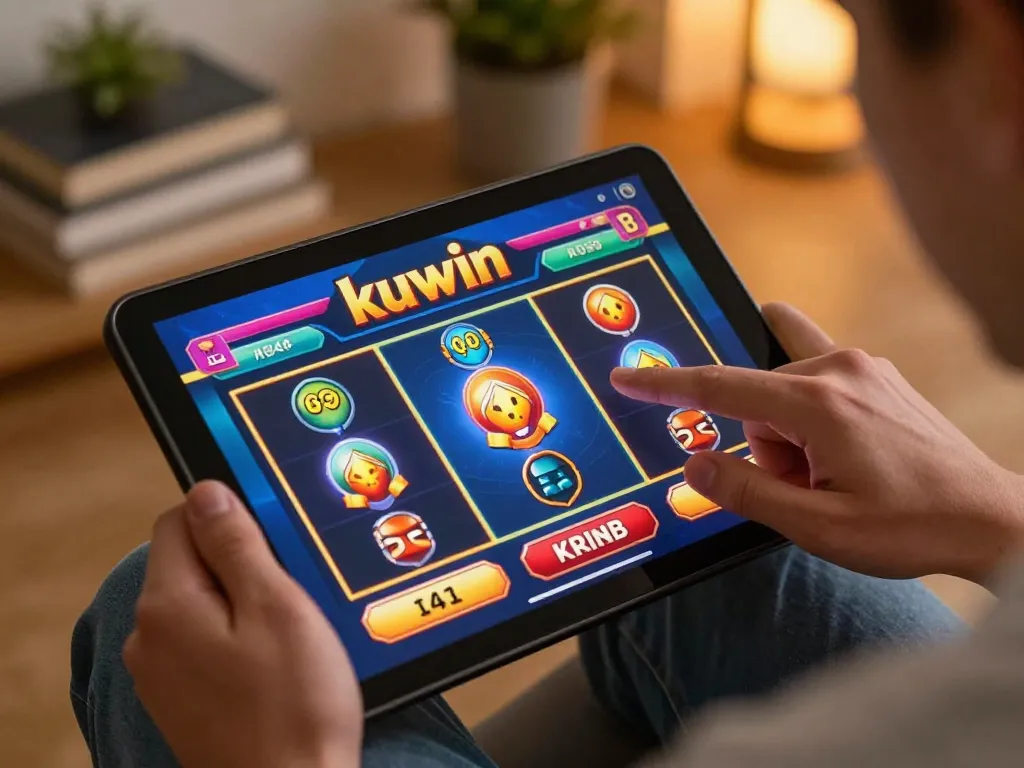 Kuwin player strategizing bets on tablet in cozy home environment with vibrant graphics