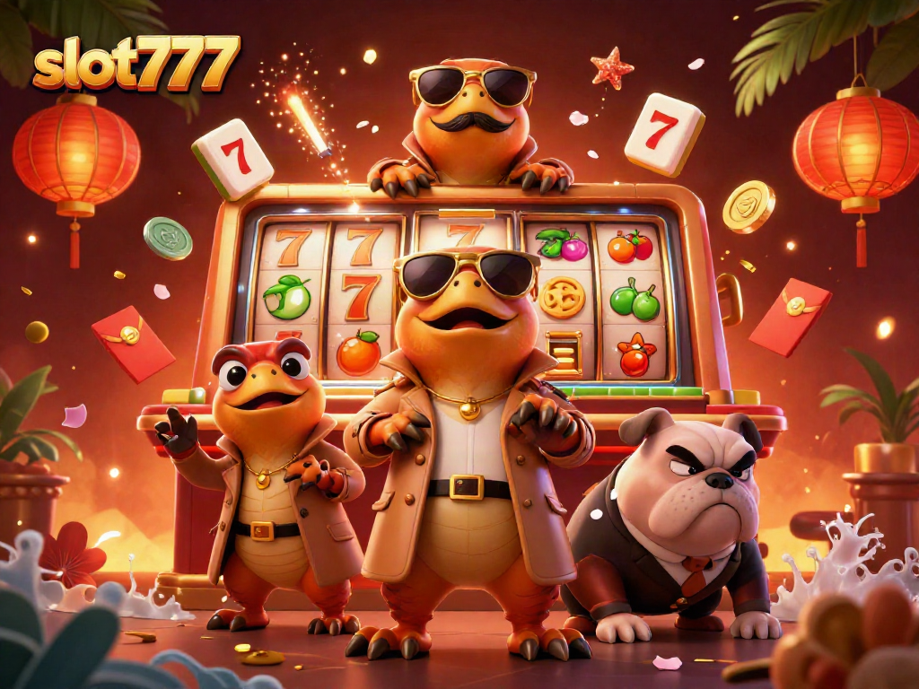 Spin the reels of slot777 with cartoon raptors sneaking into a VIP casino lounge, surrounded by festive elements.