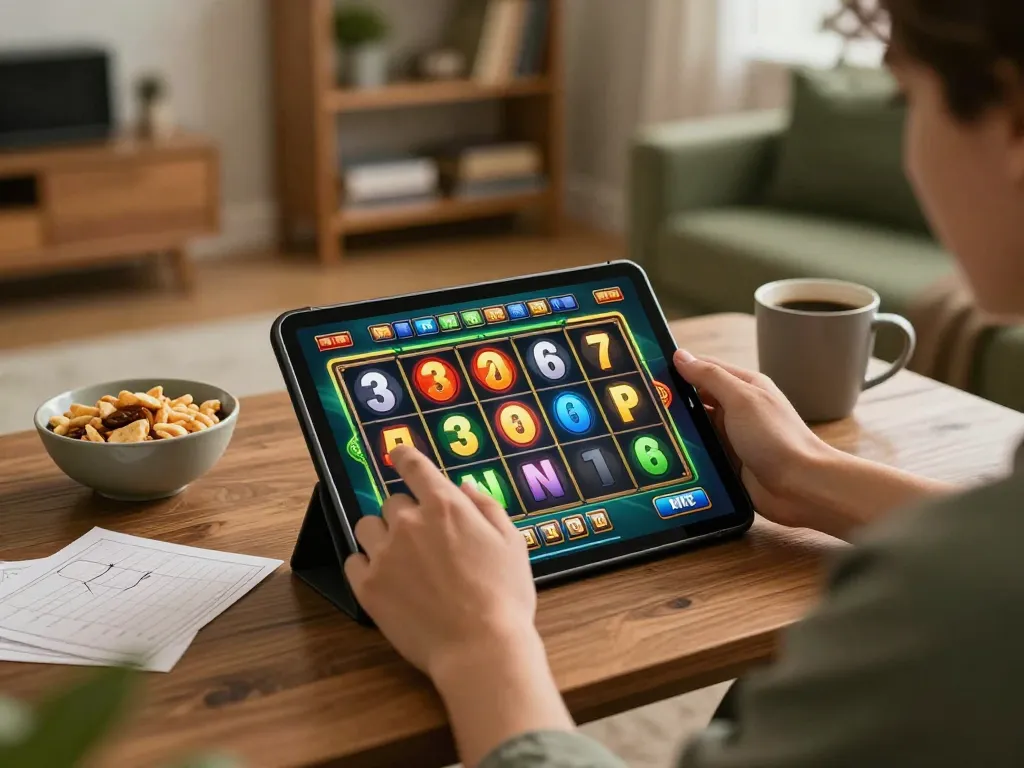 Pemain yang terlibat memutar gulungan slot di tablet, menampilkan bintangmpo dan pengaturan permainan yang nyaman.