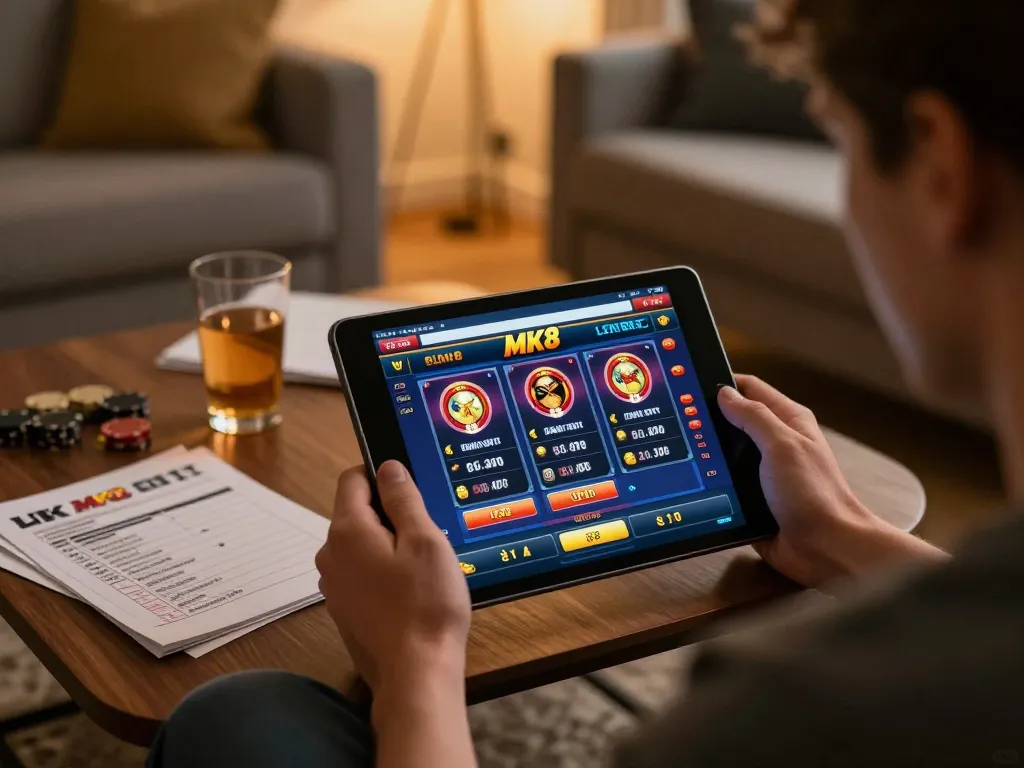 Engaging moment of a player using MK8 betting app on tablet with strategy notes.