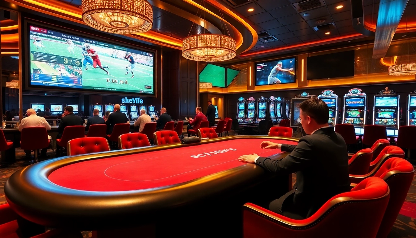 Situs11 slot features dynamic betting in a luxurious casino scene with poker tables and slots.