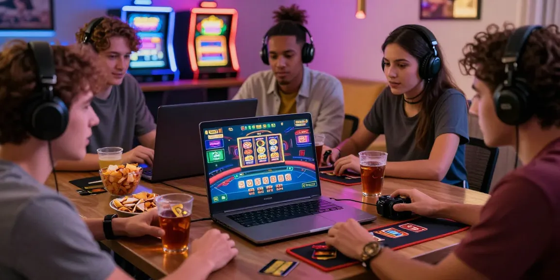 Group enjoying live gaming at a credit card casino, surrounded by snacks and vibrant graphics.