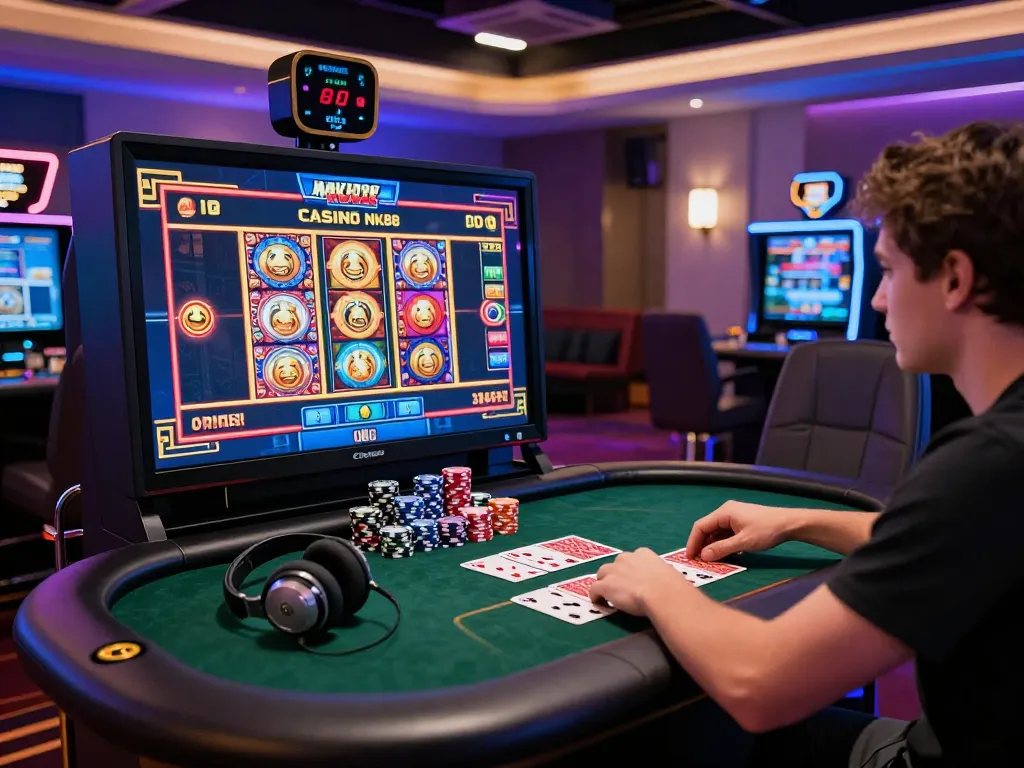 Engaging scene at Casino NK88 with vibrant slot game graphics, poker chips, and energetic atmosphere for a thrilling experience.