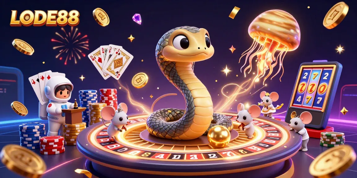 LODE88 captures immersive casino action with unique characters in a vibrant cosmic illustration.
