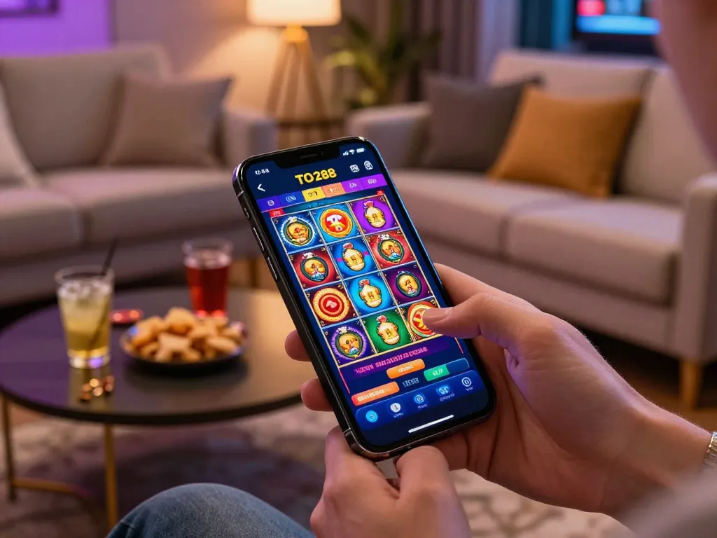 Engaging with TO288 mobile app for slot gameplay in a cozy home setting.