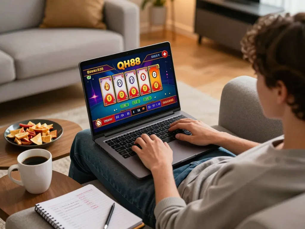 Engaged player enjoying QH88 online games from home on laptop, showcasing strategic gameplay environment.