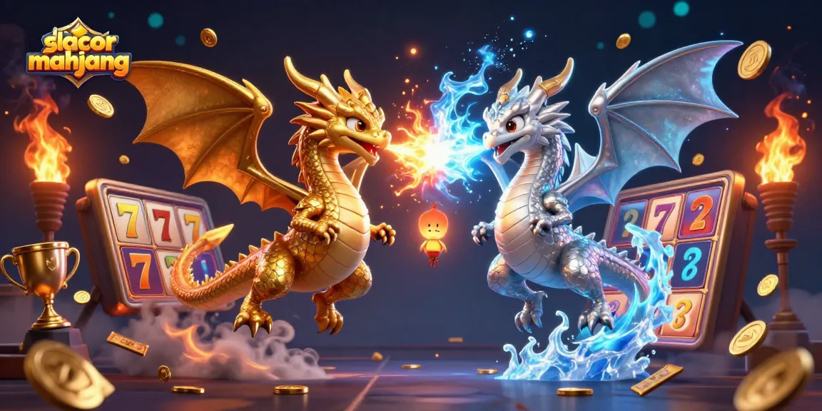Engage with slot gacor mahjong in a vibrant scene featuring dynamic dragons, slot reels, and golden trophies.