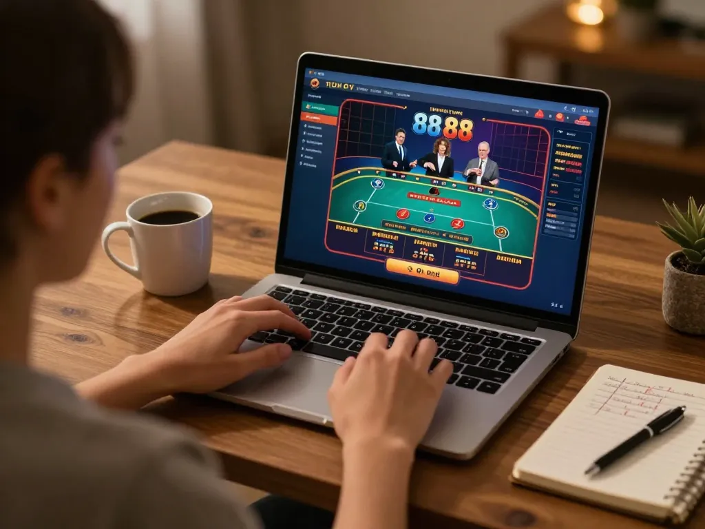 Person engaging with open 88 online gaming interface, showcasing live dealer action and strategic notes.