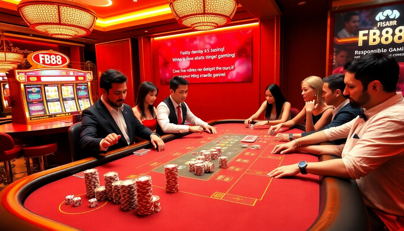 Players enjoying the excitement of FB88 poker at a luxurious casino table, highlighting strategic gaming.