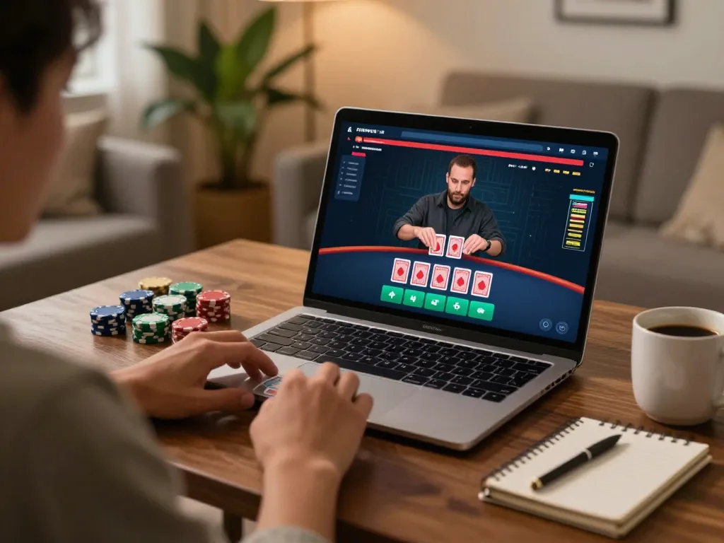 Engaging in responsible online blackjack gaming with 388bet on a cozy home setup.
