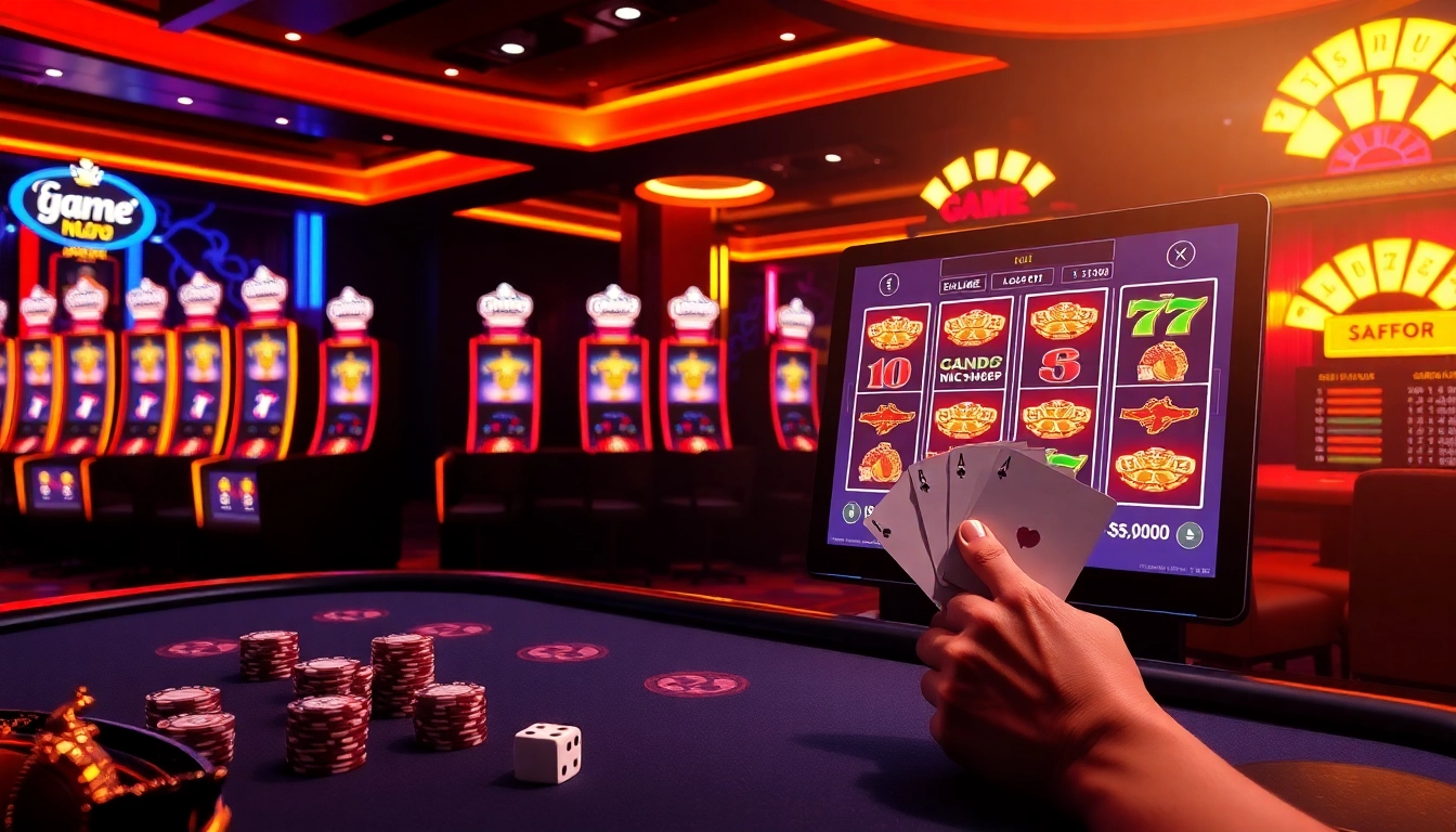 Player engaging with game nổ hũ slot machine jackpot on vibrant casino floor