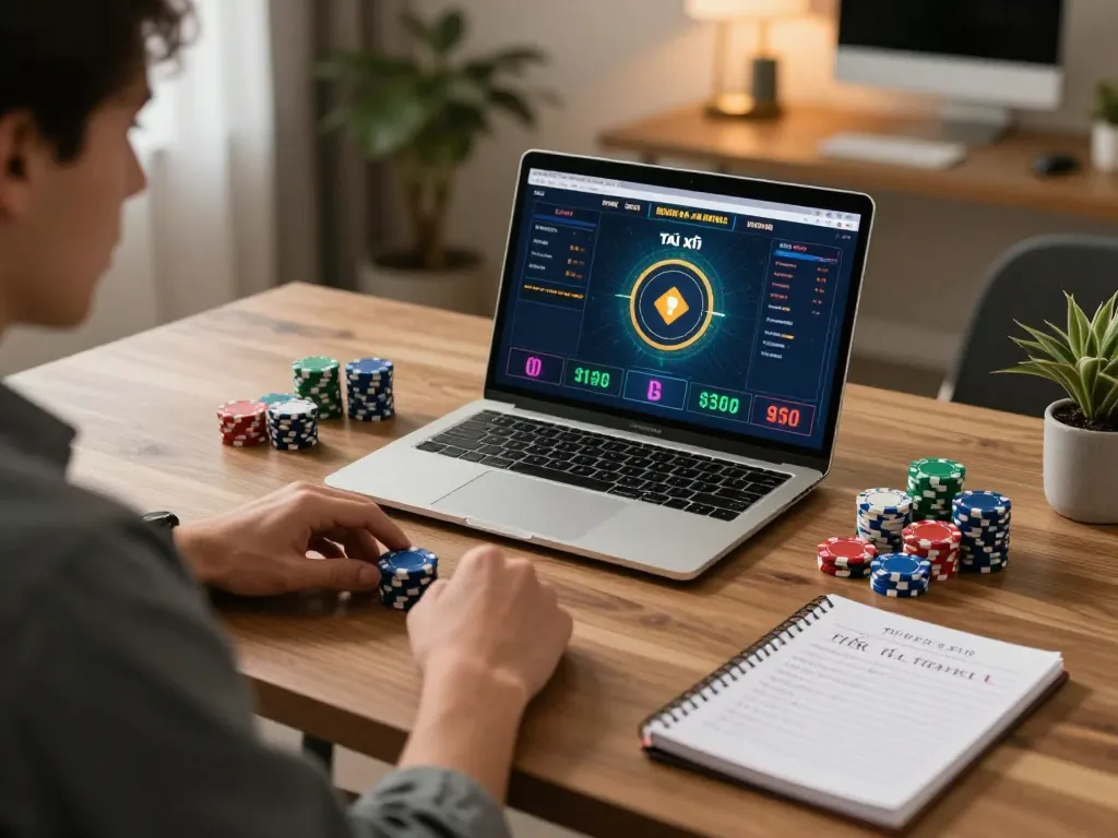 Tài xỉu online gameplay in a cozy home setting, illustrating strategic betting.