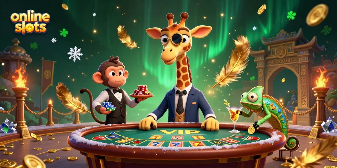 Experience exciting online slots with high-roller giraffe and vibrant casino atmosphere.
