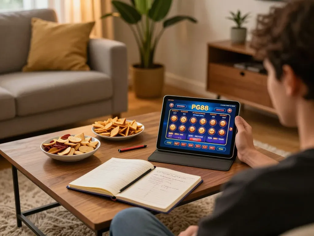 Engaging with PG88 online casino gaming on a tablet in a cozy living room.