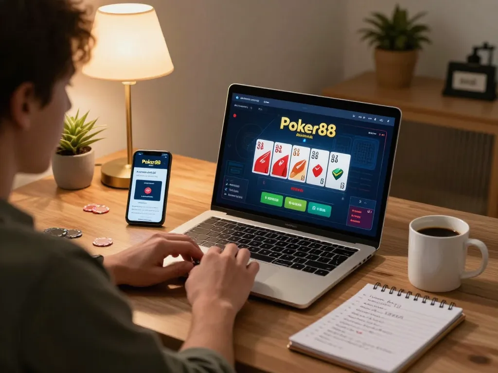 Engaging player using Poker88 Alternatif Link on laptop while noting strategies for online poker.