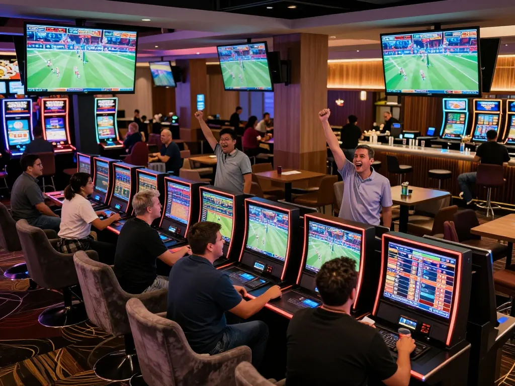 Fans engaging in tructiepbongda sports betting at an upscale casino lounge with live screens