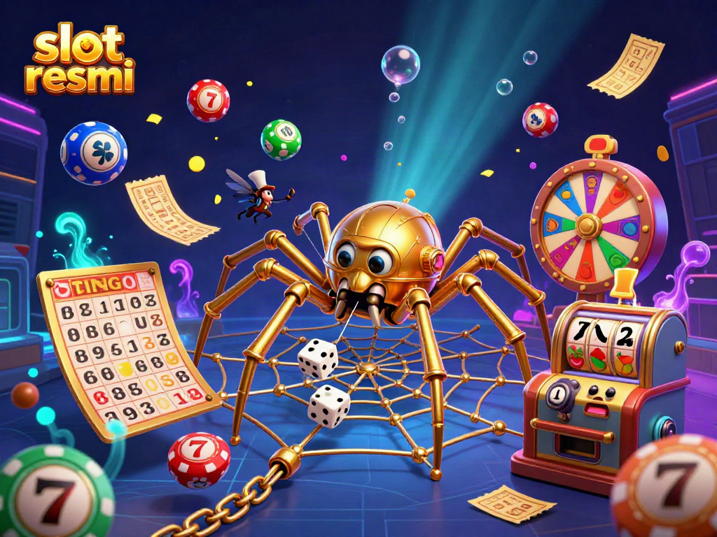 Engage with slot resmi in a vibrant 3D cartoon world filled with golden spiders, slot reels, and dynamic lottery elements.