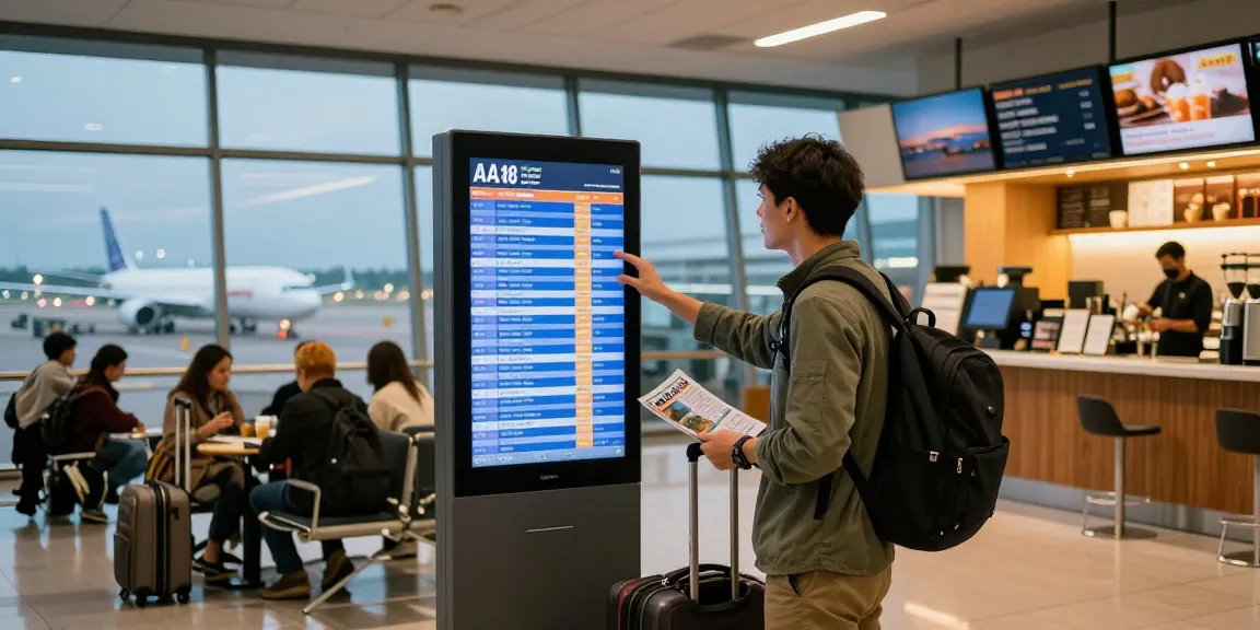 Traveler preparing for journey on AA 88 at airport terminal with luggage