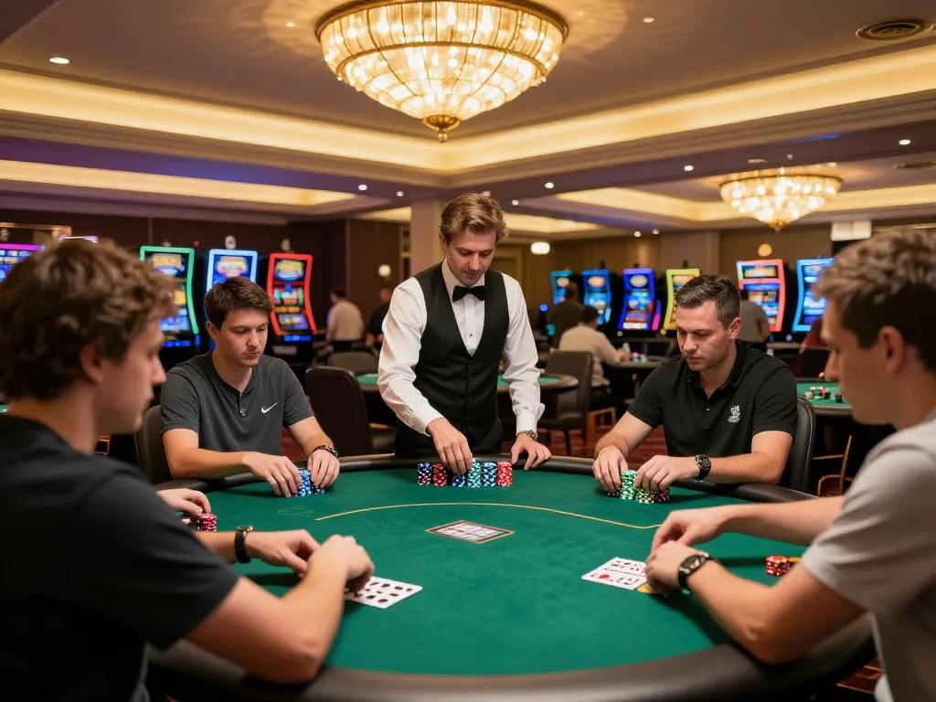 LV88 players engaged at poker tables under luxurious lighting in a vibrant casino environment.