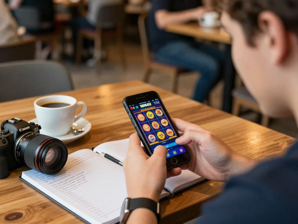 WIN4U mobile app gameplay with vibrant slot graphics in a cozy cafe setting