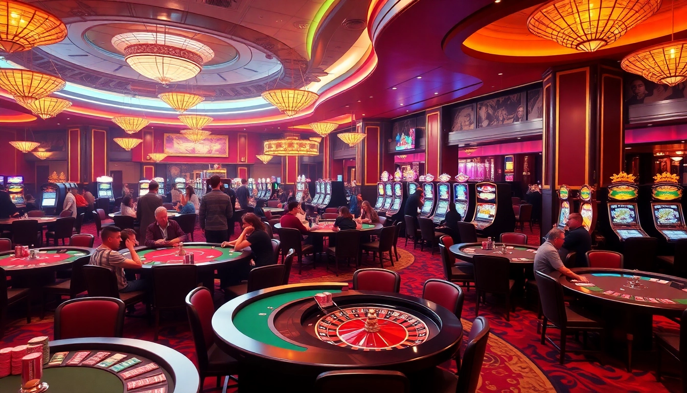The thrilling atmosphere of gameplay at https://b52gamee.com/ casino, showcasing poker tables, roulette wheels, and vibrant slot machines.