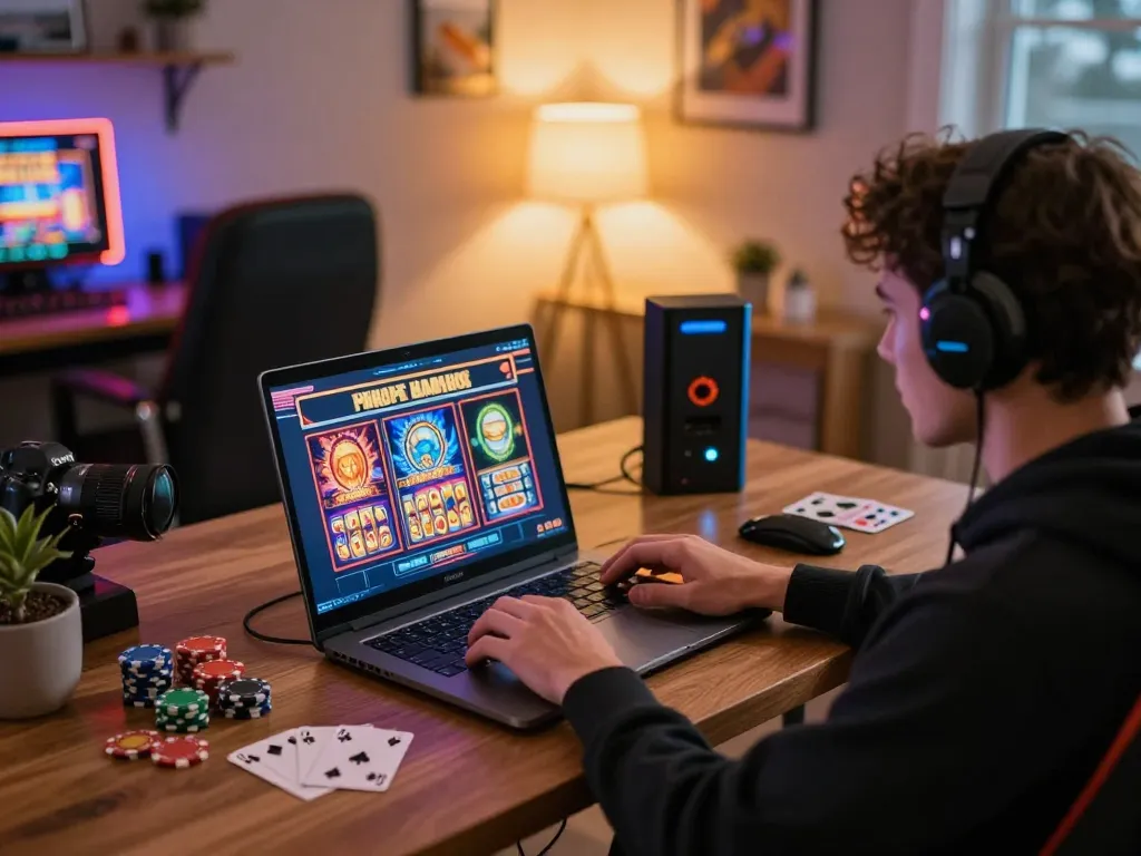 Seorang pemain yang terlibat dengan slot online di aman788 dalam pengaturan permainan yang nyaman, menampilkan grafik berwarna-warni dan lingkungan santai.