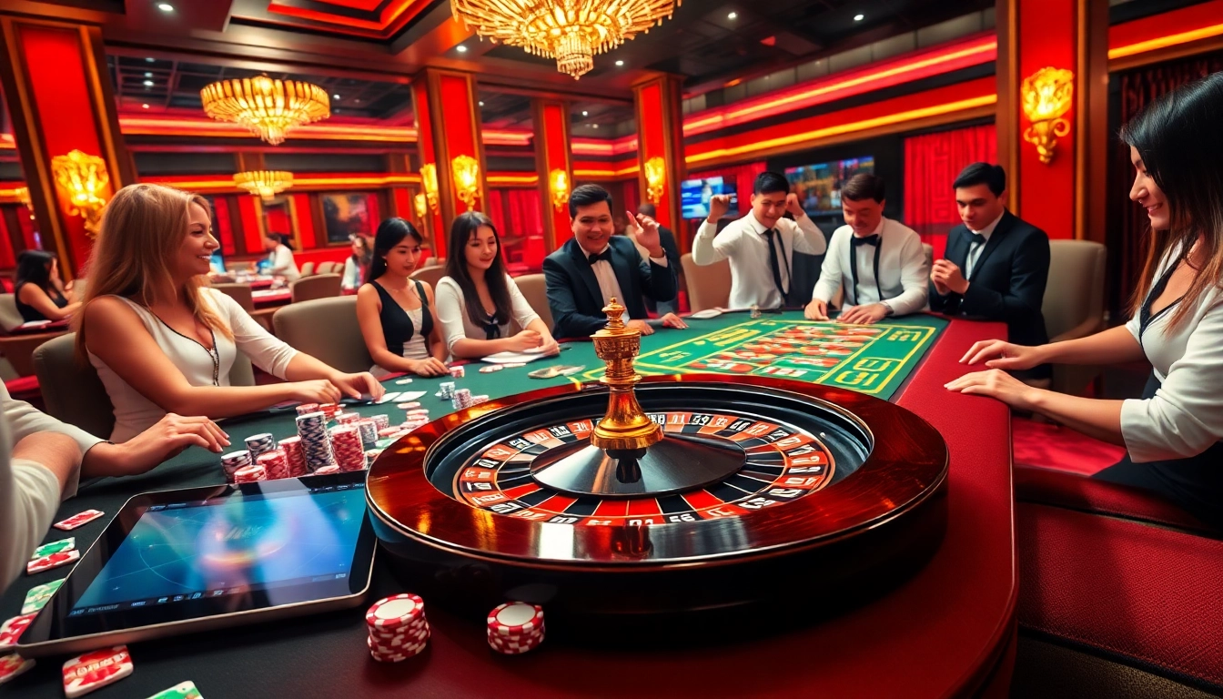 Exciting casino scene featuring rr88k1 com with poker chips and a roulette wheel.