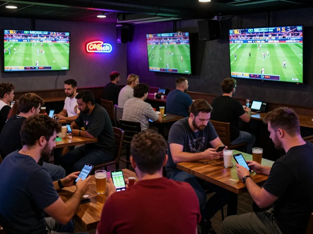 Bsport patrons excitedly placing live bets in a vibrant sports bar atmosphere.