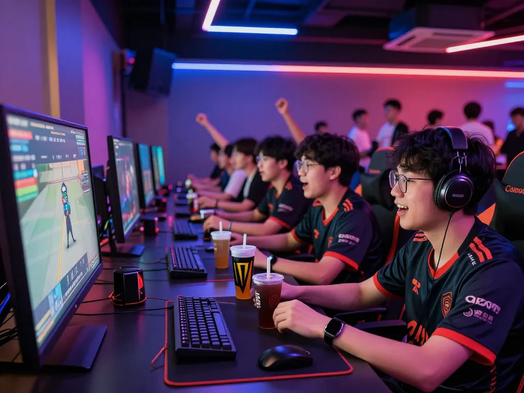Engaging esports betting experience at GGLBET Singapore, gamers enjoying a tournament with energy drinks and LED lighting.