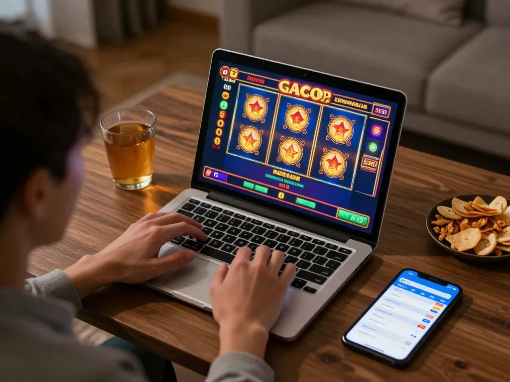 Engaging slot gacor gameplay on a laptop, showcasing a lively gambling moment in a cozy setting.