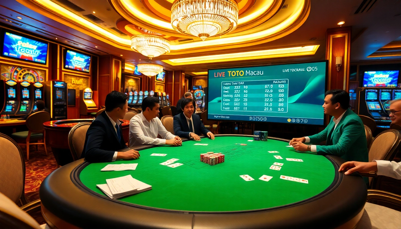 Engaged players enjoying Live Toto Macau amidst a luxurious casino setting with poker and slot machines.