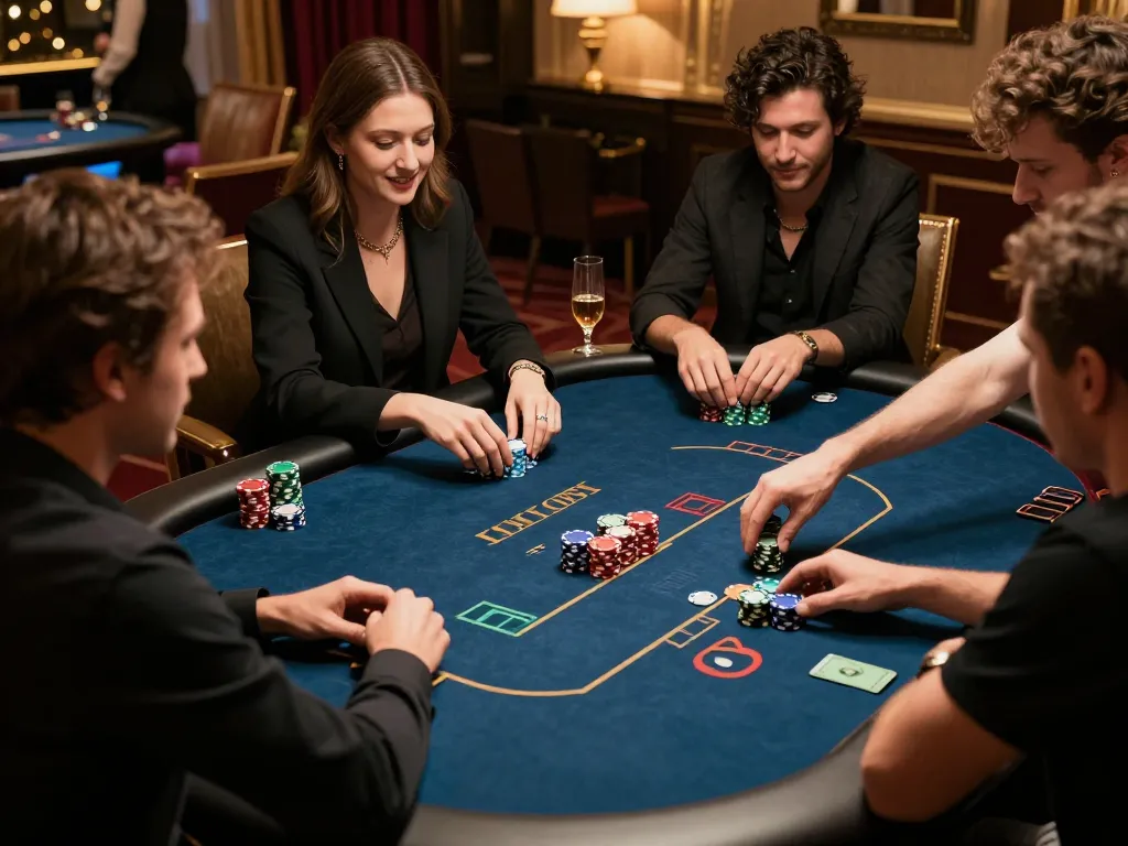 Players engaging in a high-stakes poker game at https://lv88cha.com/ with chips and cards in a luxury setting
