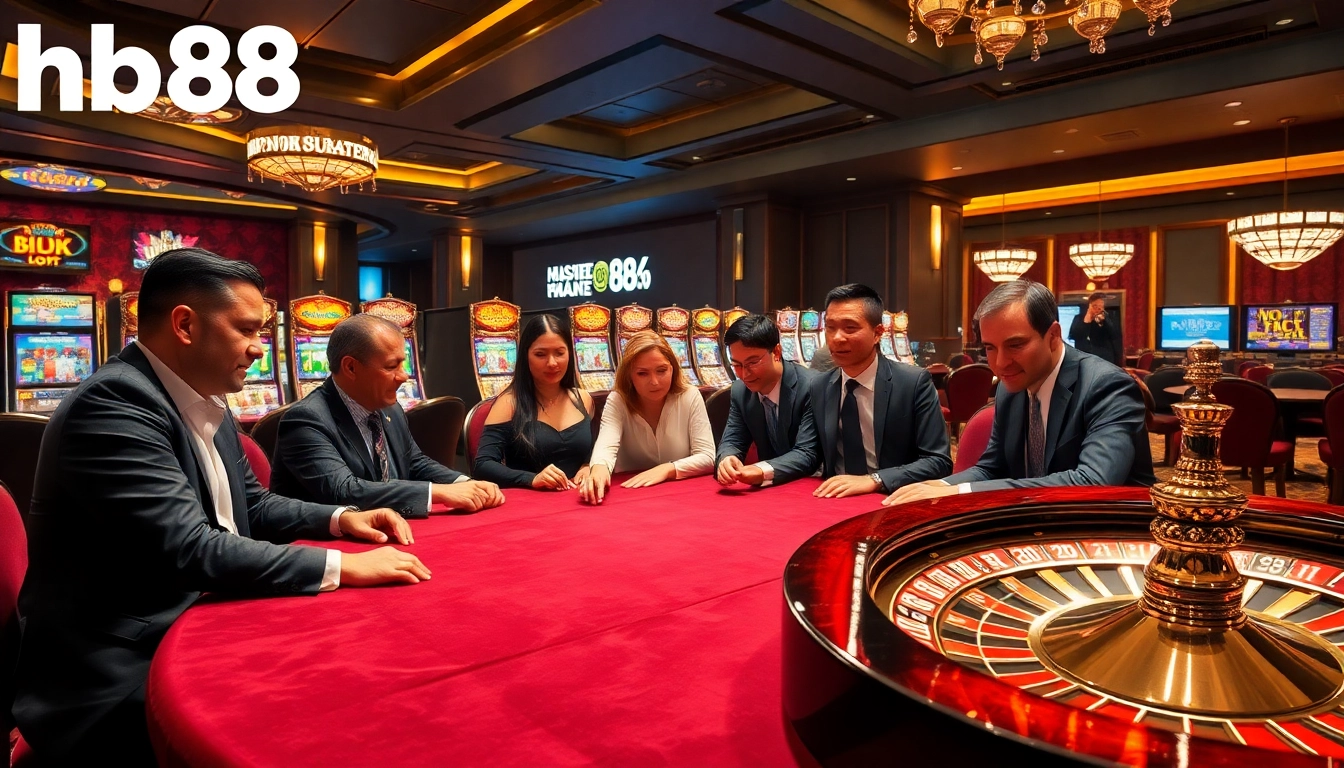 Exciting hb88 poker game scene with vibrant casino atmosphere and glowing slot machines.